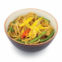 Udon noodles with chicken, egg, vegetables and button mushrooms  